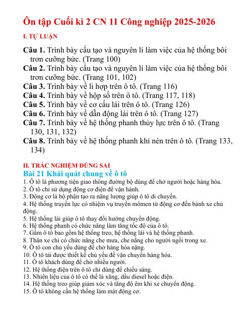 Đề cương ôn tập Học kì 2 Công nghệ Công nghiệp 11 năm 2025–2026 trường THPT Đức Trọng (Lâm Đồng)